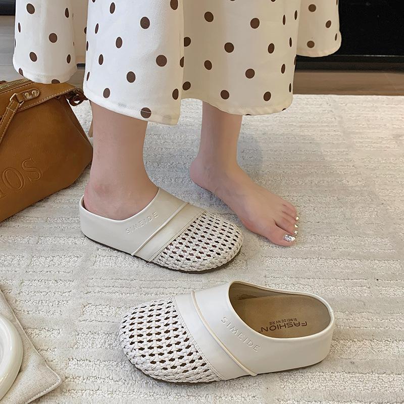 Thick-soled Bag Head Slippers Women's Summer Outer Wear 2025 New Imitation Leather Inner Height Increase Hollow Woven One-pedal Slippers