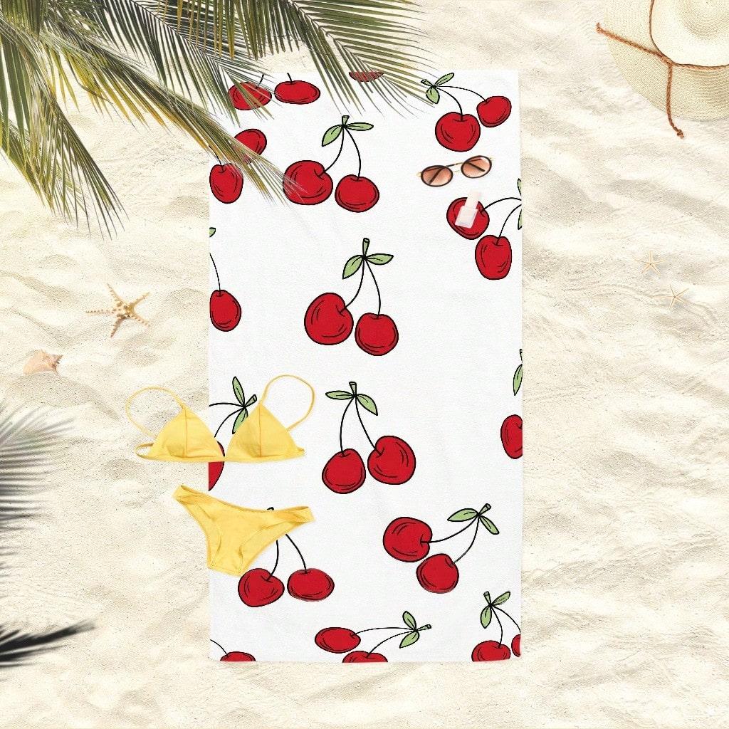 Red Cherry Print Quick Dry Lightweight Breathable Comfortable Beach Towel For Summer Pool And Outdoor Activities