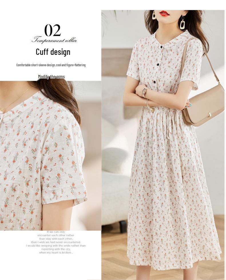 Dámské letní 2025 květinové bavlněné lněné šaty - Krátký rukáv, zeštíhlující pas, dlouhá délka, omlazující, módní ležérní oblečení pro matky