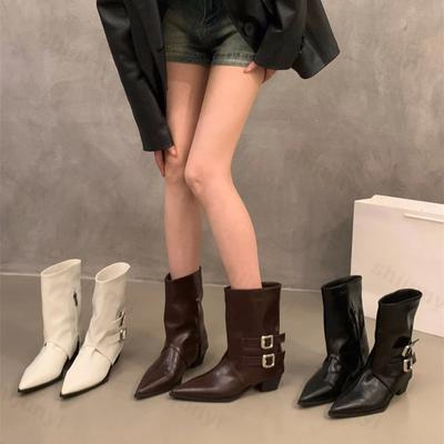 Design Sexy Spitzschuh Gürtelschnalle Damen Stiefeletten Mode Seitenreißverschluss Dicke Absätze Kurze Stiefel Neue Hosenstiefel Partyschuhe