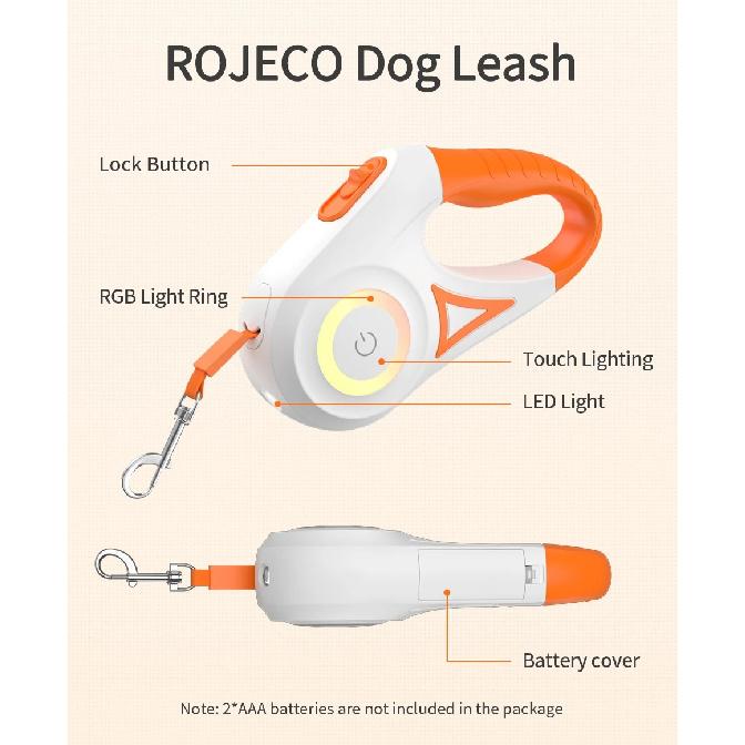 ROJECO 5M Retractable Dog Leash Automatic LED Light Luminous Roulette Leash Rope For Dogs Adjustable Pets Dog Walk Running Leads