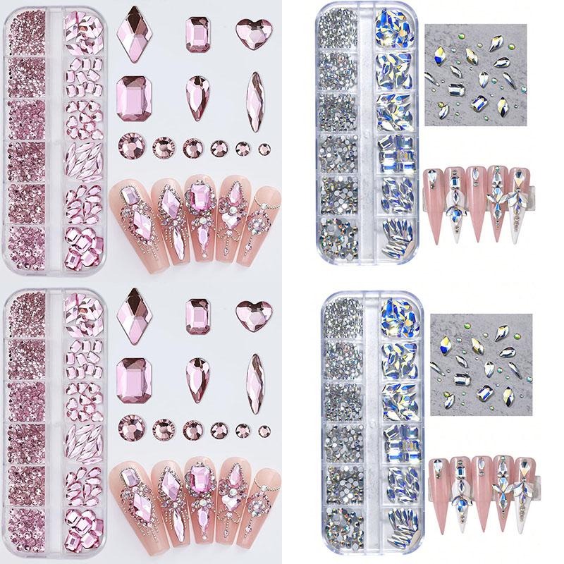 21/24 Grid Luxury Rhinestone Nail Art Jewelry Set Glass Nail Crystals Box Cristales Original 3D Flat Glass Shaped Nail Gems