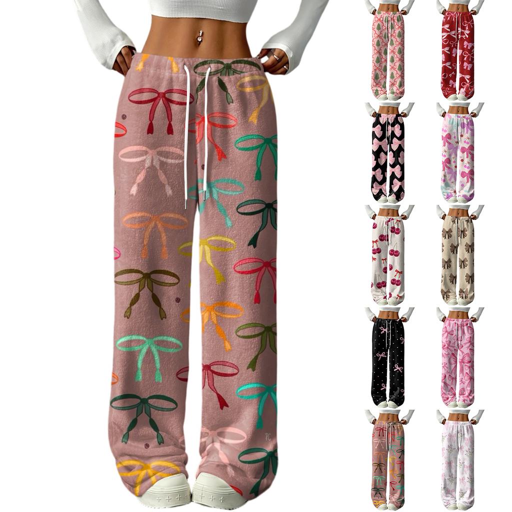 Women's Casual Fashion Printed Elastic Waist Loose Straight Leg Pants With Rope