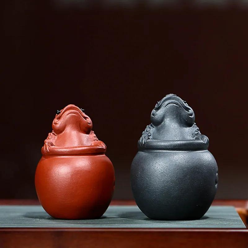 Yixing Sculpture Purple Clay Tea Pet Ornaments Lucky Golden Toad Statue Tea Figurine Crafts Home Tea Set Decoration Handmade Art