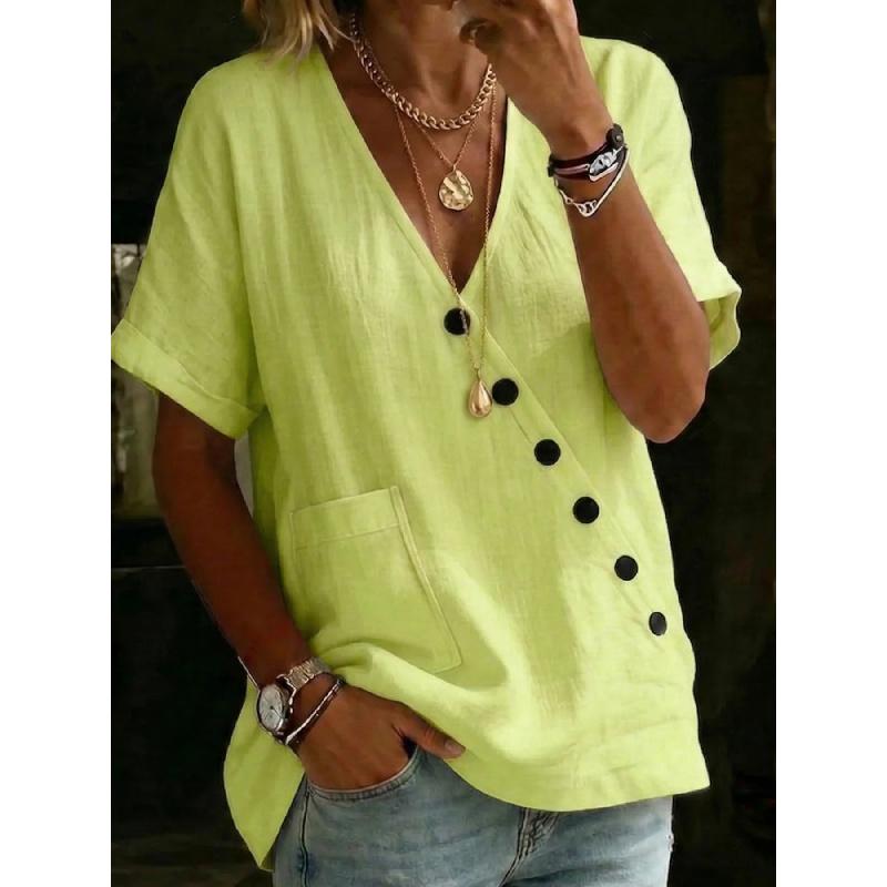 2026 Women's Shirt Top V-neck Solid Color Casual Comfortable Buttoned Cotton Linen Shirt