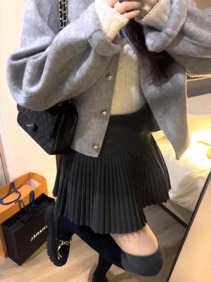 2026 Neuer Petite Damen Grauer Wolliger A-Linien Faltenkurzrock - Flauschiger & Schlankmachender Frühlingsstil