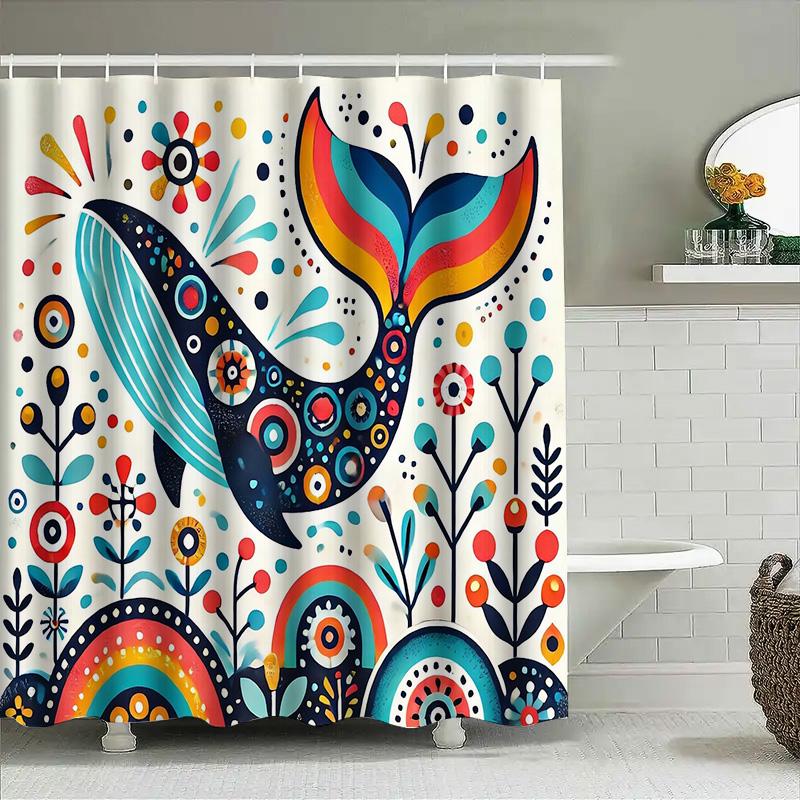 Whale Shower Curtain Ocean Blue Whale Decor Bathroom Set Coastal Sea Life Art Print Fabric Backdrop Waterproof