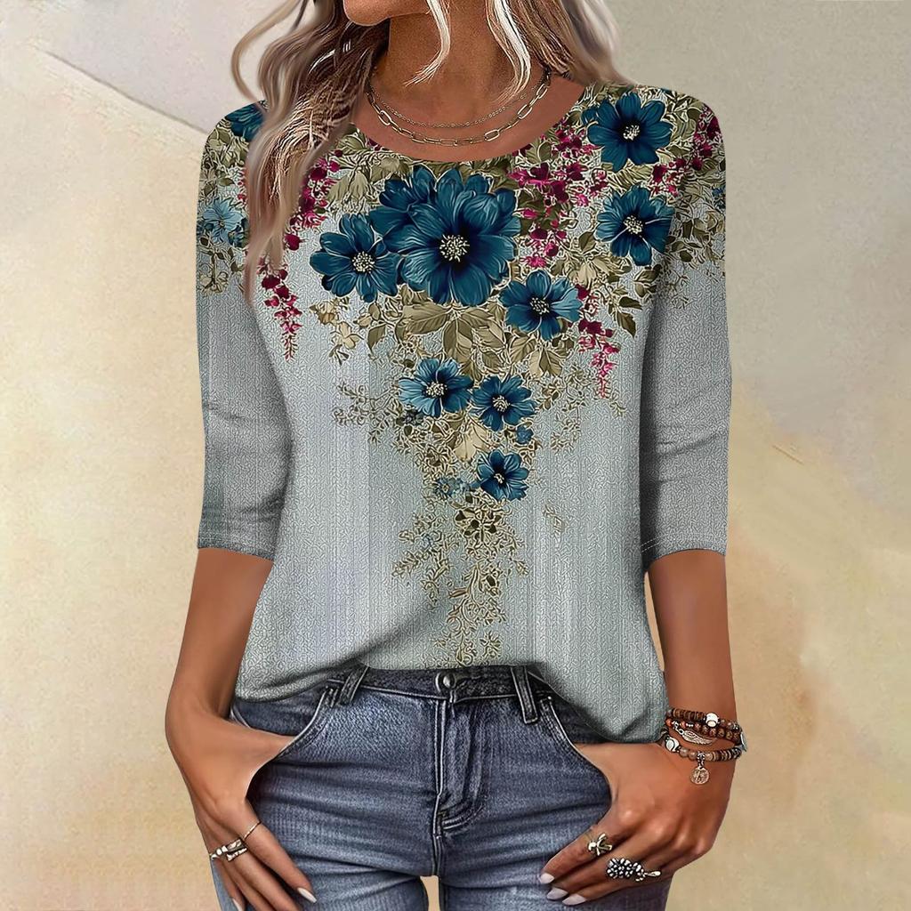 Trendy Vintage 3/4 Sleeve Top For Women,Ladies Casual Three Quarter Sleeve Round Collar Printed T-Shirt Blouse
