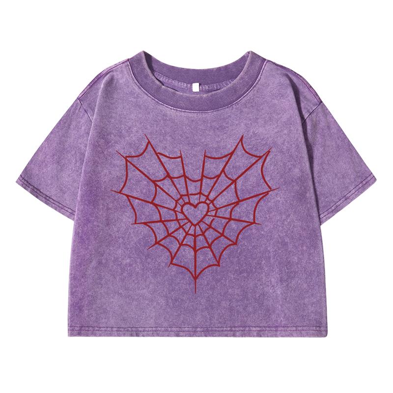Spider Web Loveprinting Women Washed Short Tshirts Summer T-Shirt Breathable O-Neck Tee Shirts Soft Distress Clothes