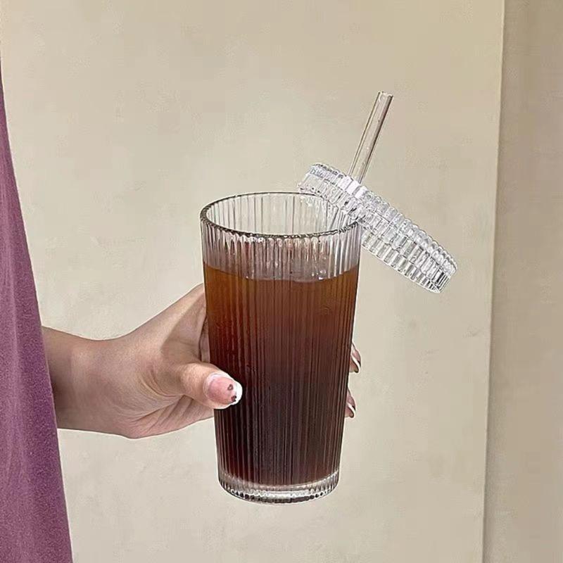 Coffee Mugs Milk Cup Glass Material Striped Glass Cup with Straw Drinking Cup Juice Cup Glass Material for Any Occasion