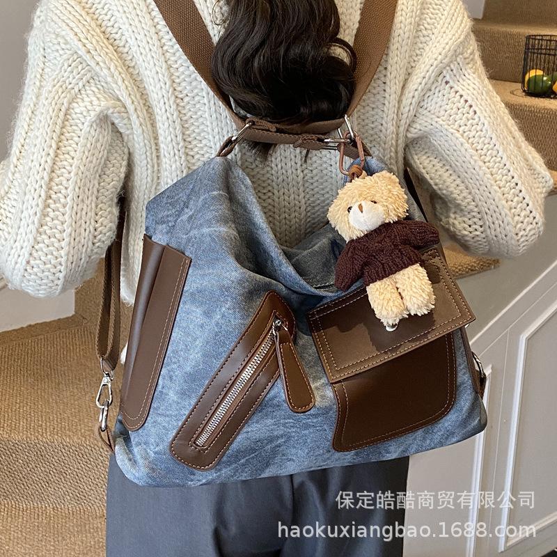 Tote Bag Women's Large Capacity 2025 New Autumn and Winter Casual Color Contrast Retro Shoulder Messenger Bag Multi-functional Backpack