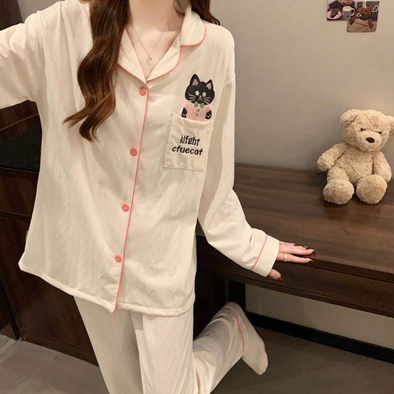Black kitten imitation cotton pajamas women's spring new cardigan long-sleeved cartoon cute dormitory style loungewear