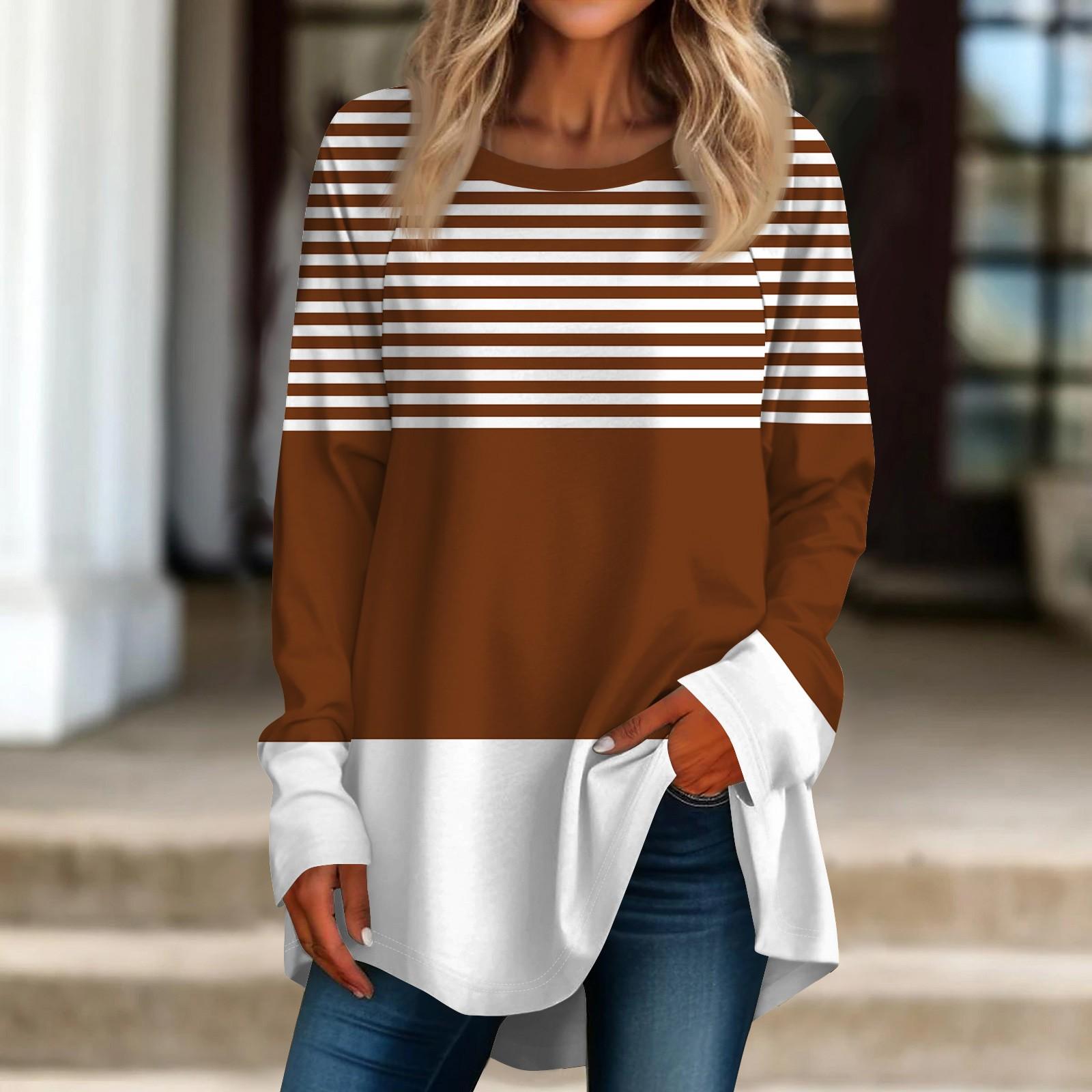 

Женская негабаритная полосатая рубашка с длинными рукавами и круглым вырезом, полосатая футболка, верхний пуловер L коричневый
