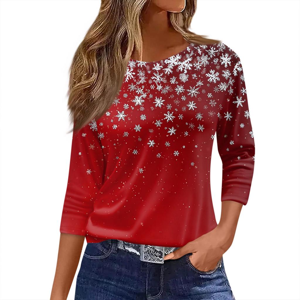 Damen T-Shirt mit Weihnachtsdruck, 3/4-Ärmel, für den Alltag, Wochenendmode, Basic, Rundhalsausschnitt, normales Oberteil