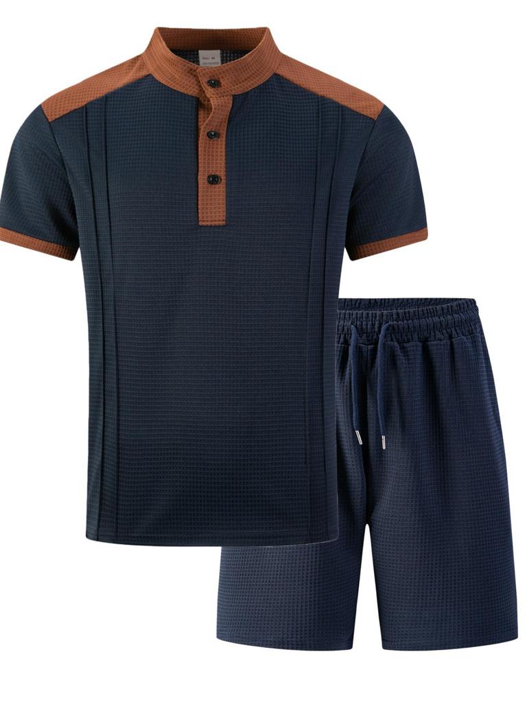 Men's Large Plaid Stand Collar Short Sleeve Color Block T-shirt and Shorts Set