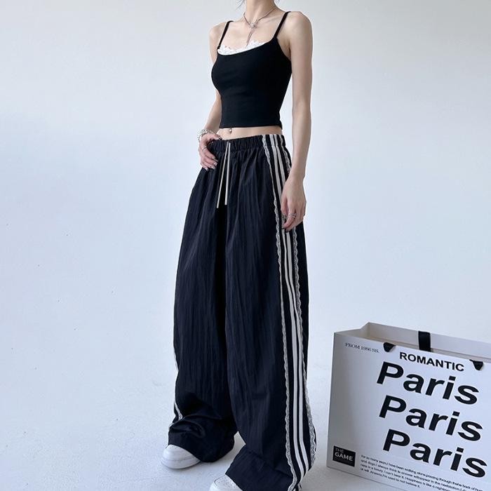 

2024 Women s Black Lace High-Waisted Wide-Leg Casual Pants for Summer Medium чёрный