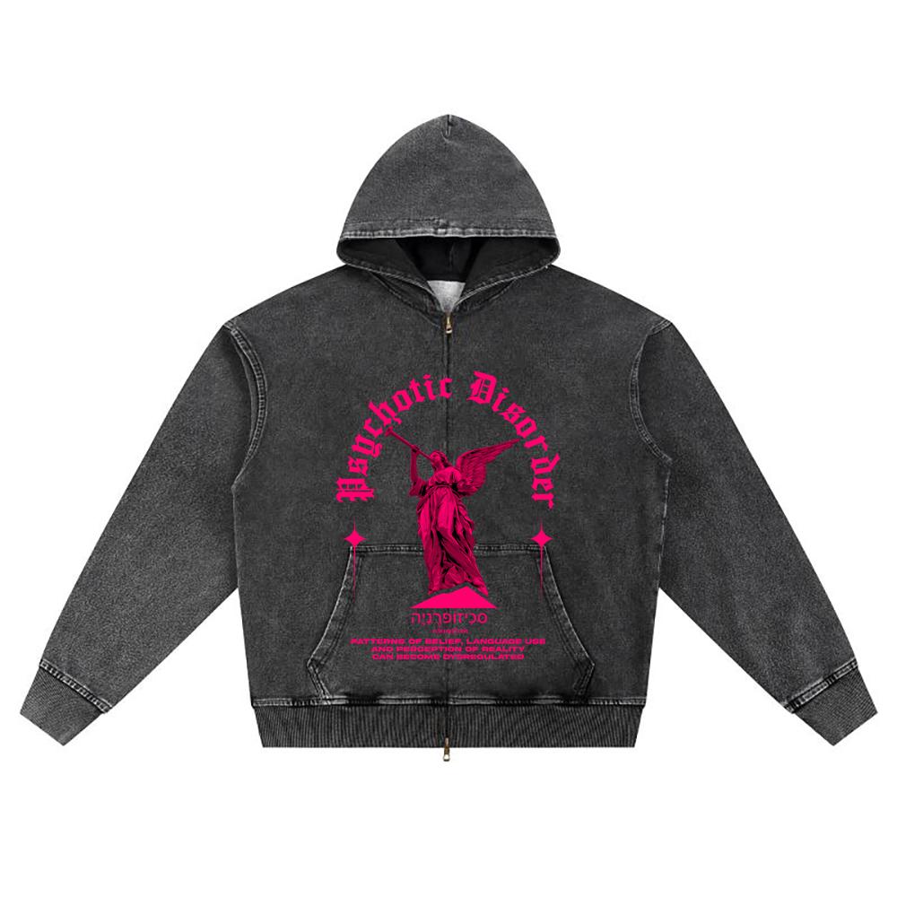 DTG print Knitted Denim Zip-Up Hoodie streetwear psychotic disorder Brother Print Zipper Hoodies  