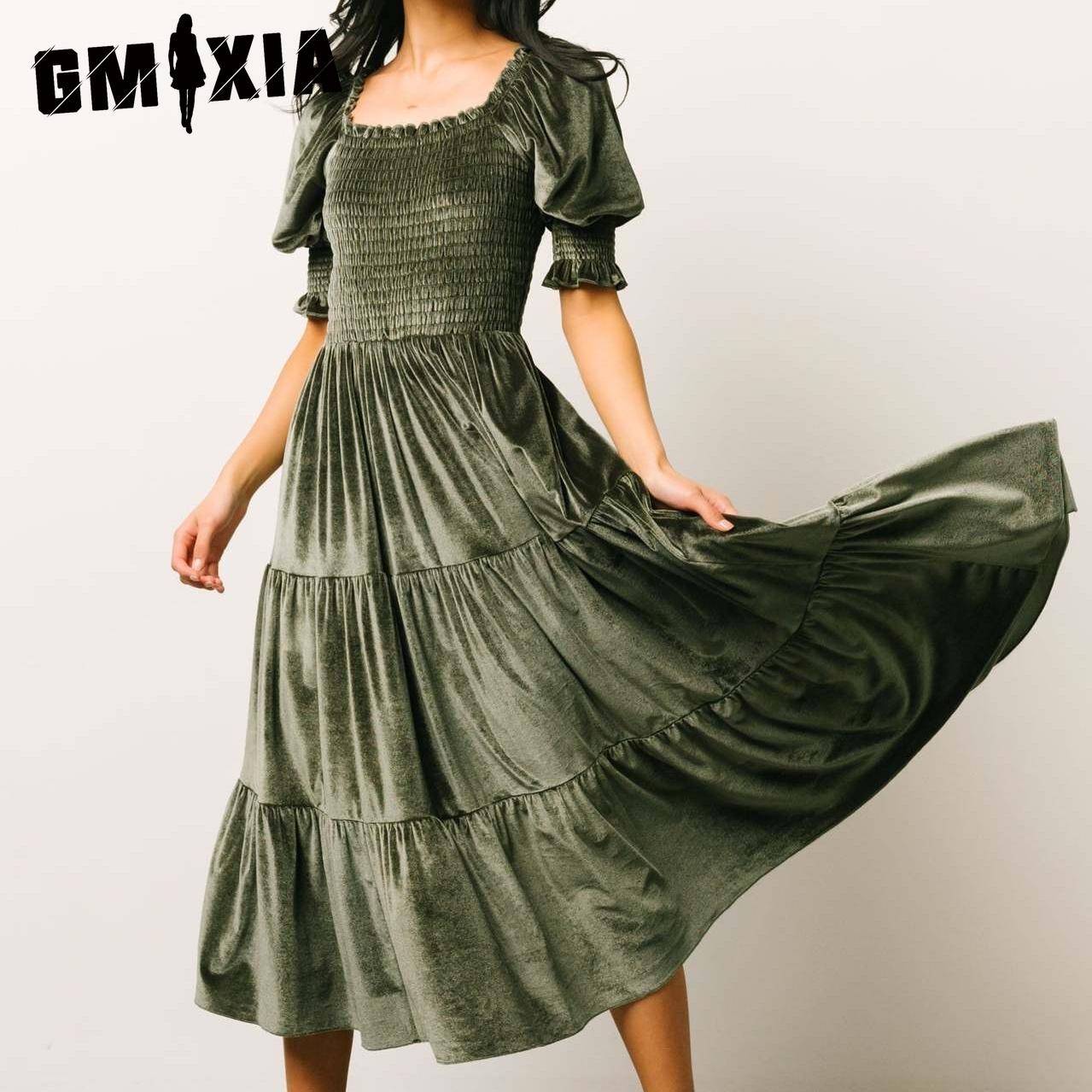 

Платье GMXIA весна-лето для пригородных поездов из золотистого бархата с квадратным воротником, оборками на высокой талии и облегающим темпераментом S бордовый