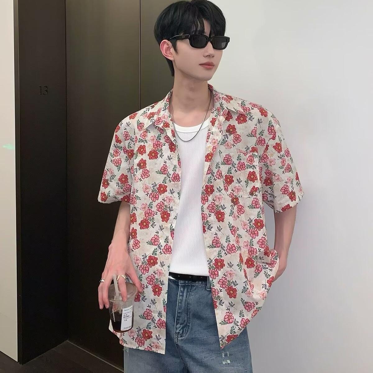 

Гавайская рубашка с полной печатью для мужчин и женщин, летняя, в гонконгском стиле, ретро-цветочный дизайн, свободного кроя, повседневная, с коротким рукавом 3XL розовый