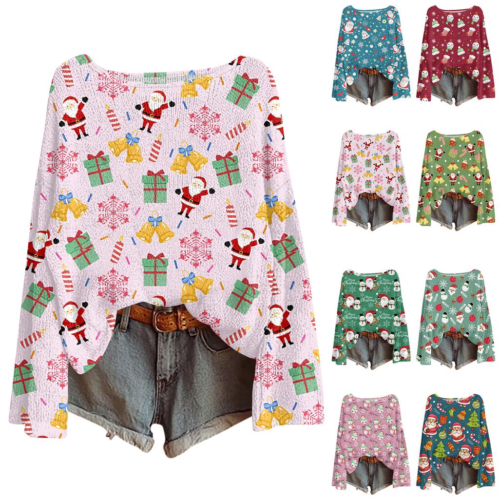 Women's Fashionable Oversized Knitwear Long-Sleeved Christmas Print Top