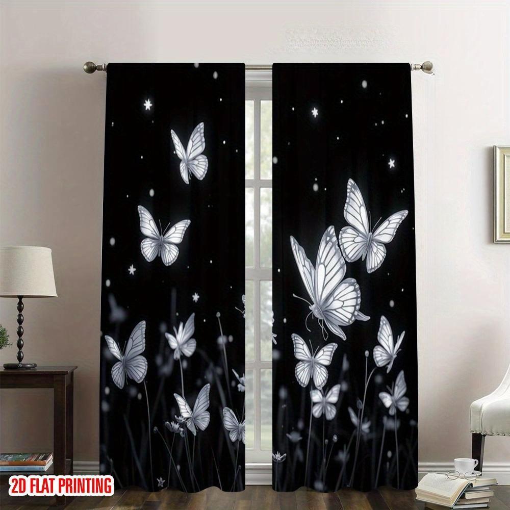 

Set Of 2 Black Butterfly Print Curtains White Gold Butterflies Stars Floral Bedroom Entryway Living Room Curtain Light Filtering Polyester Ideal For W100*H70(CM)-Grommet top&1PCS