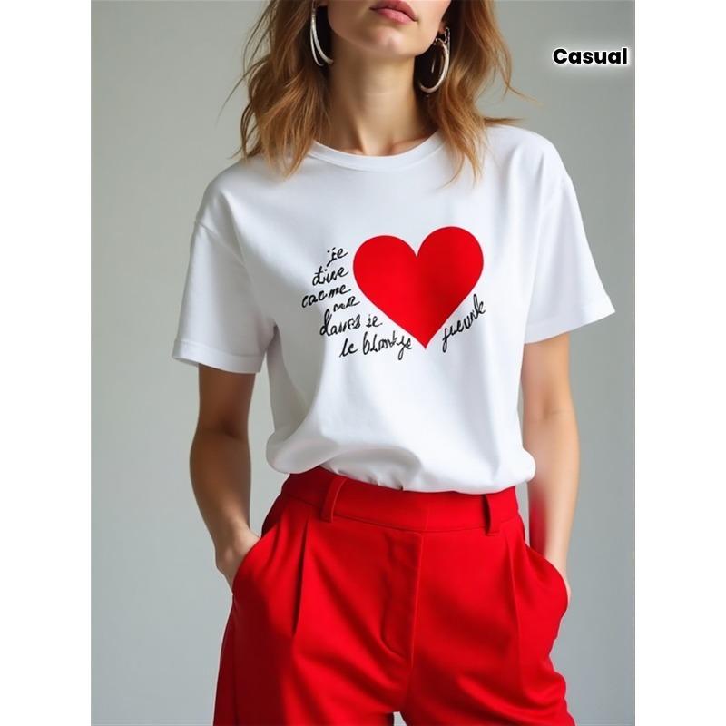 Women s French Love Letter Print T-Shirt Romantic Parisian Heart Short Sleeve Crew Neck Casual Top S белый
