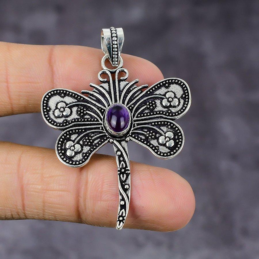 Natural Amethyst Gemstone Handmade 925 Sterling Silver Pendant 2.21" I6K91