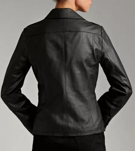 Women Leather Blazer Real Soft Lambskin Three Button Black Handmade Slim Fit Coat