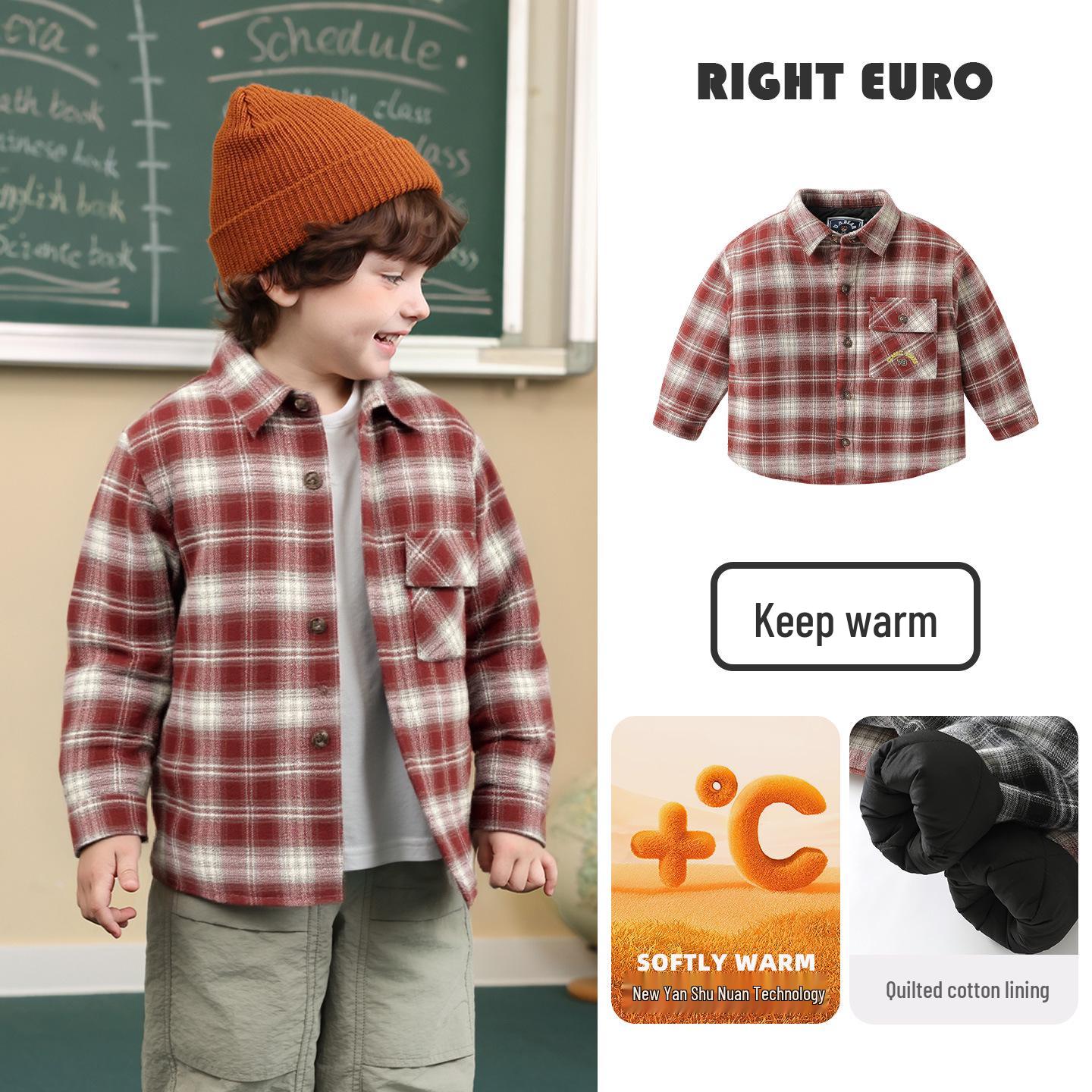 

Boys Thickened Plaid Padded Shirt for Fall/Winter - Warm Top for Children, Babies, and Toddlers 130 cm