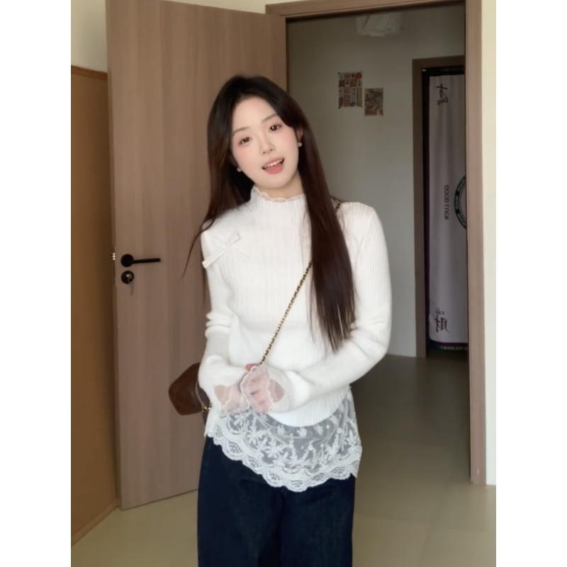 Temperament Fake Two-piece Lace Spliced Knitted Sweater for Women's Spring and Autumn Thin Inner Warm and Gentle Turtleneck Bottoming Shirt