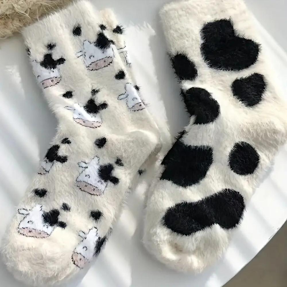 

2 пары женских плюшевых носков средней длины Kawaii из молочного скота, утолщенные, из норковой шерсти, милые, мягкие, теплые, домашние женские носки-тапочки