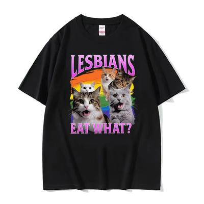Lesbians Eat What?! Funny LGBT Cat Meme T Shirts Men Women Hip Hop Casual Trending Short Sleeve T-shirts Loose Cartoon T-shirt