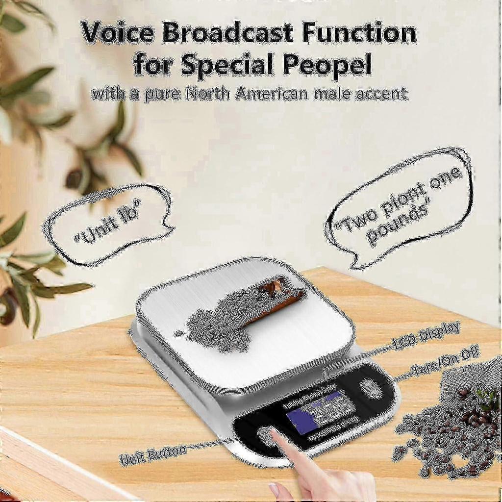 Talking Kitchen Scale 5kg/11lb Digital Food Scale with Voice for Cooking Baking Measures In Grams and Ounces Clear Voice Talking Scale W