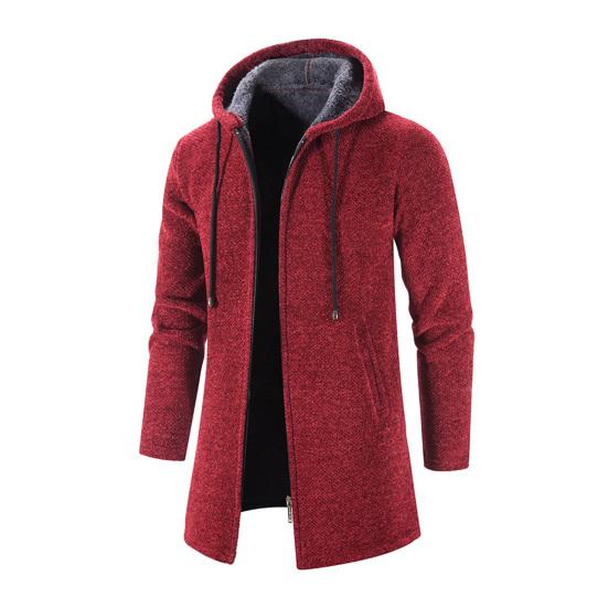 Men Knitting Coat Hooded Drawstring Long Sleeve Solid Color Jacket Zipper Placket Mid-length Warm Winter Jacket
