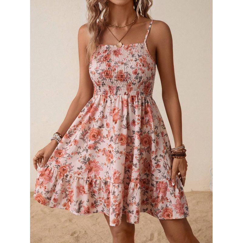 Small Sweet Summer New Arrival Fashion Style off-Neck Elastic Waist Slim Fit Backless Ruffled Spaghetti Straps Dress