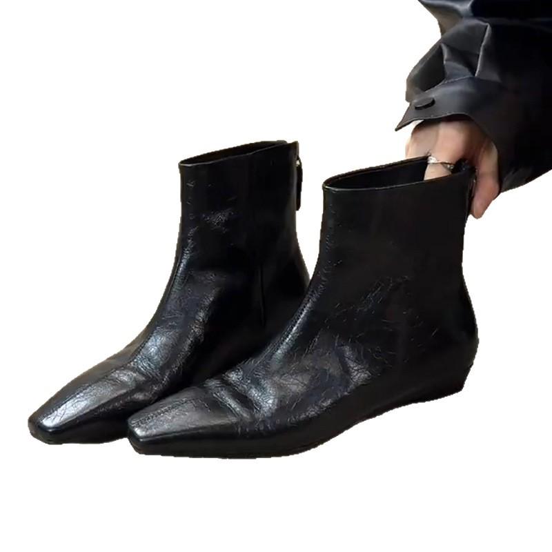 Calfskin version! Huge good-looking short boots for women's versatile commuting style square head rear zipper and ankle boots inner height-increasin