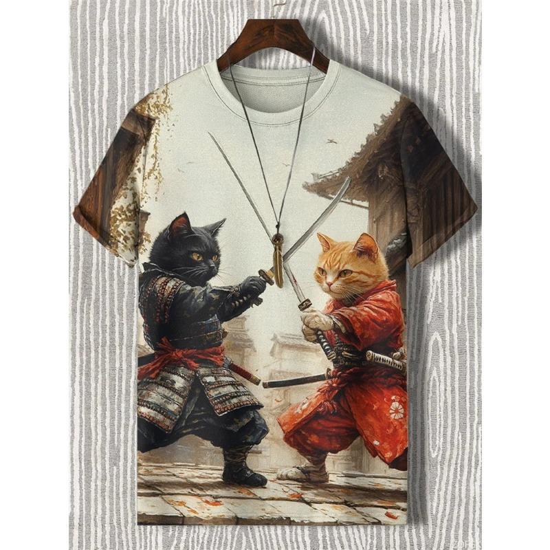 3D Printed 2025 New Men's T-shirt Cartoon Warrior Cat Art Short Sleeved Round Neck T-shirt Casual Street Top