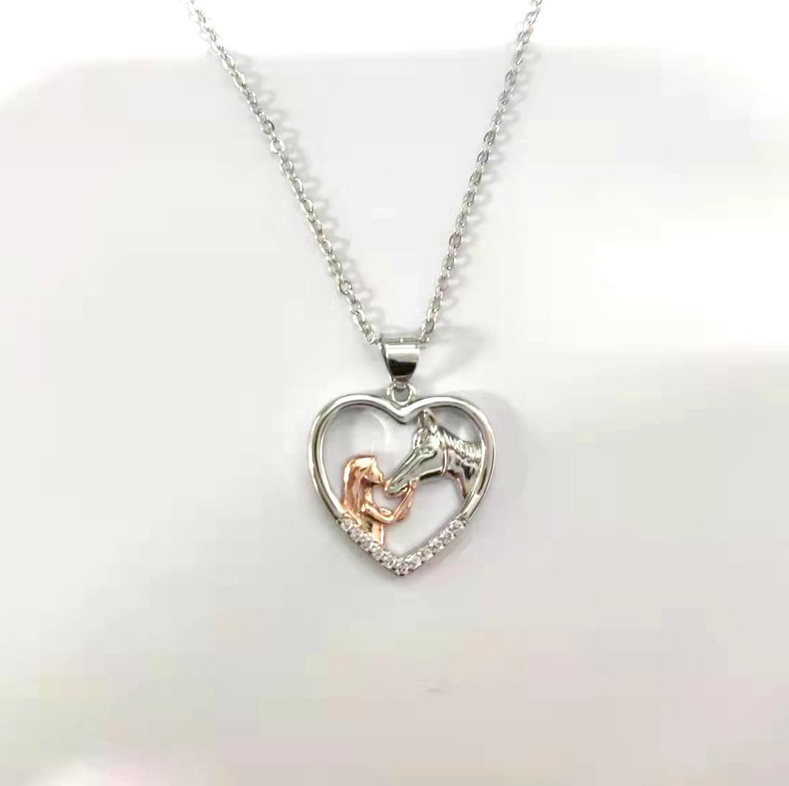 

Girl Heart Horse Pendant Necklace Rose Gold Two Tone Fashion Jewelry Elegant Charm Gift For Her