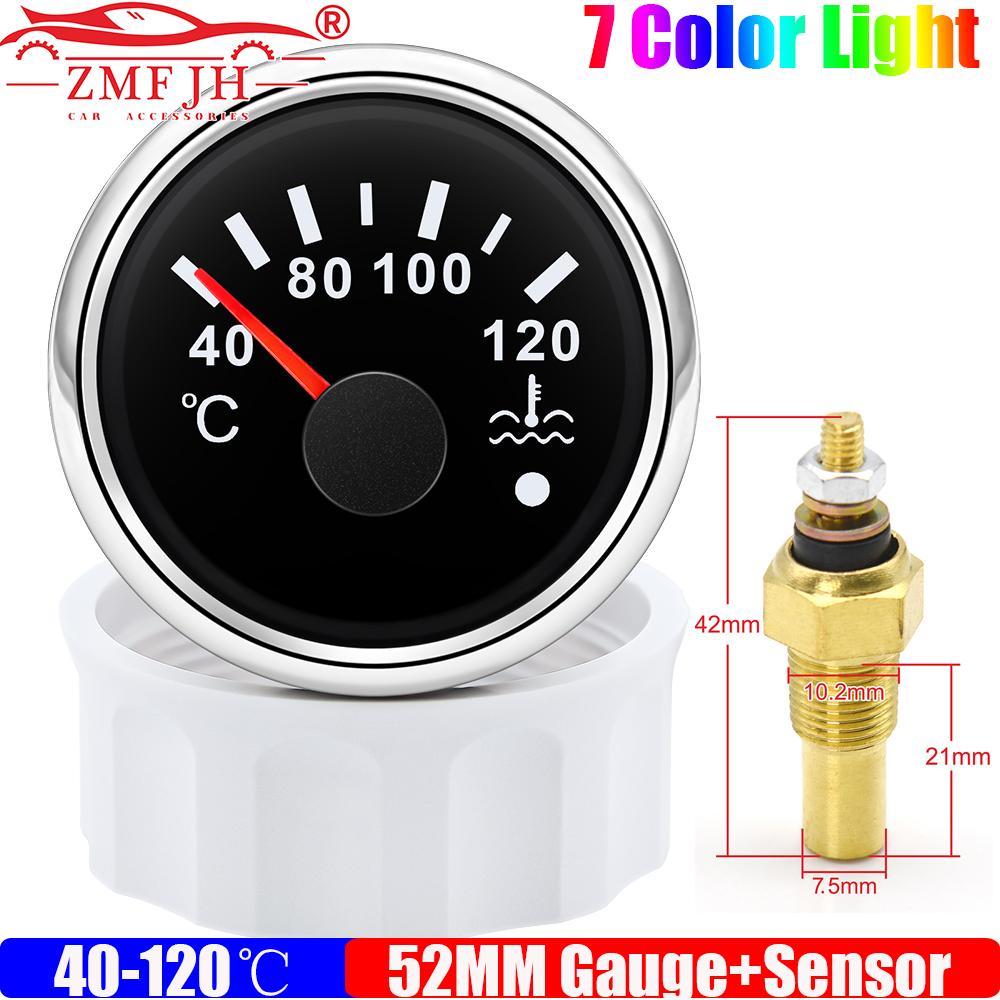 40~120℃ 52MM Water Temperature Gauge With Flashing Alarm Temp Sensor 10.2MM 7 Color Light for Marine Boat Yacht Car Auto 12V24V BS