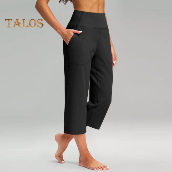 Women Yoga Pants Elastic High Waist Loose Leg Cropped Trousers with Pockets Sporty Casual Style Pants