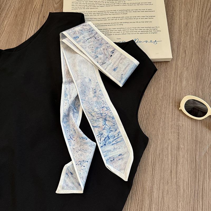 Silk Scarf Long Strip High Sense Spring and Summer Versatile Oil Painting Headscarf Headband Tied Bag Streamer Decorative Scarf Multi-purpose Belt