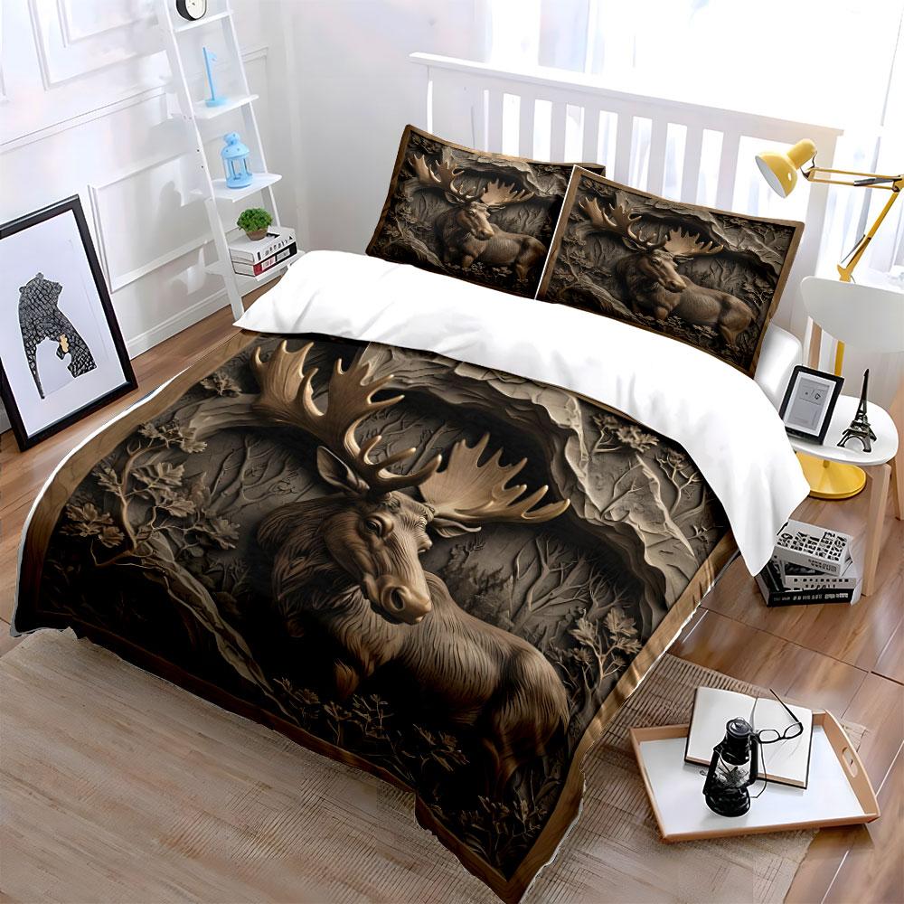 Stag In Forest Carved Design Bedding Duvet Cover Set  (1*Duvet Cover 2*Pillowcases, Without Duvet Insert)