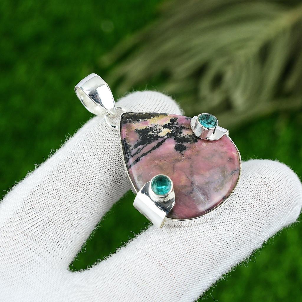 Gift For Her 925 Sterling Silver Natural Rhodonite Gemstone Jewelry Pendant