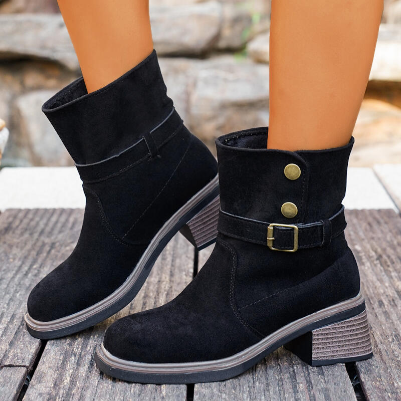 Vintage Square Toe Black Suede Ankle Boots Women Winter Metal Buckle Thick Heel Western Cowboy Boots Woman's Short Booties