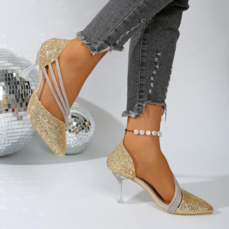 Modă Sexy Tocuri Înalte Champagne cu Vârf Ascuțit Pantofi Noi cu Cristale Strălucitoare pentru Nuntă Pantofi Simpli și Eleganți de Damă pentru Rochie