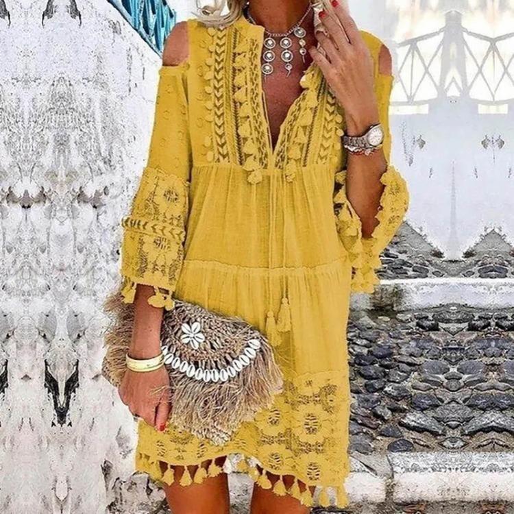 Vestido Mini Boho de Encaje con Escote en V y Borlas de Manga Tres Cuartos para Mujer
