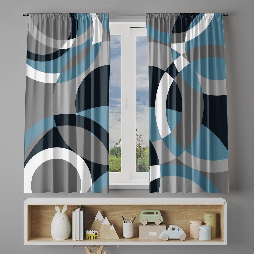 2Pc Modern Geometric Circular Pattern Curtains, Polyester Fabric, Machine Washable, Suitable For Living Room/Bedroom