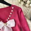 Elegant Bow High Waist Fashion Bodycon  Dress Long Sleeve Sexy Knit Elastic Tight Vestidos Autumn Winter Pencil Sweater Dress