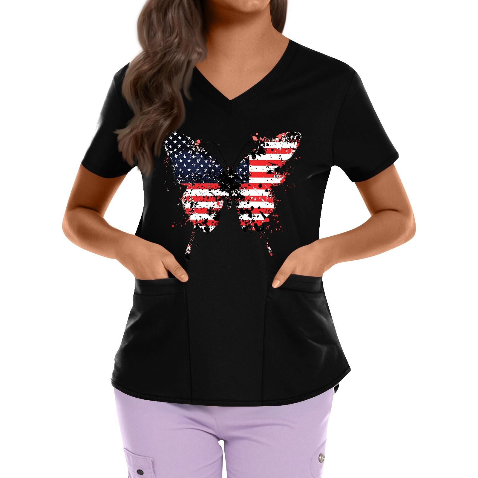 

Plus Size Printed Scrub Working Uniform Tops For Women s Cross V Neck Independence Day Print Short Sleeve Fun T-Shirts Workwear Tee With Pockets XXL чёрный