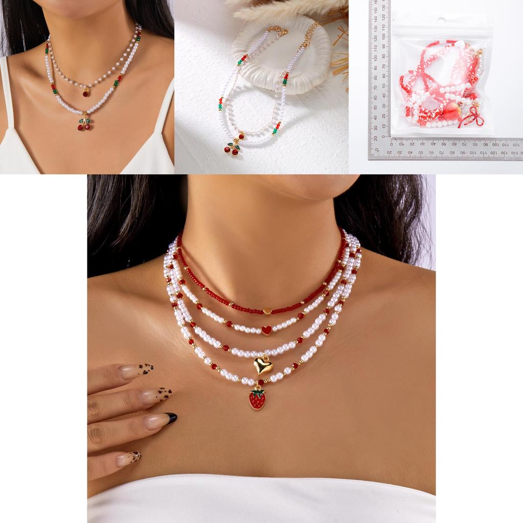 Romantic Heart Pearl Choker Necklace With Cherry And Strawberry Charms For Girls